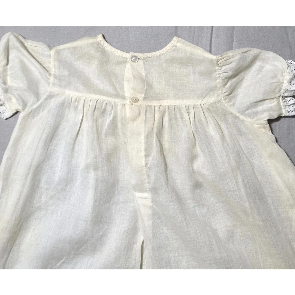 Vintage Hand Embroidered Baby Dress White Cotton Lace Scalloped Hem Christening